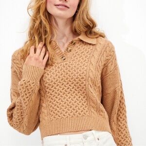 American Eagle Cable Crop Fisherman Sweater with Collar